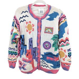 VTG 80s 90s Together! Tropical Paradise 3D Knit Cardigan Sweater Medium Vacation
